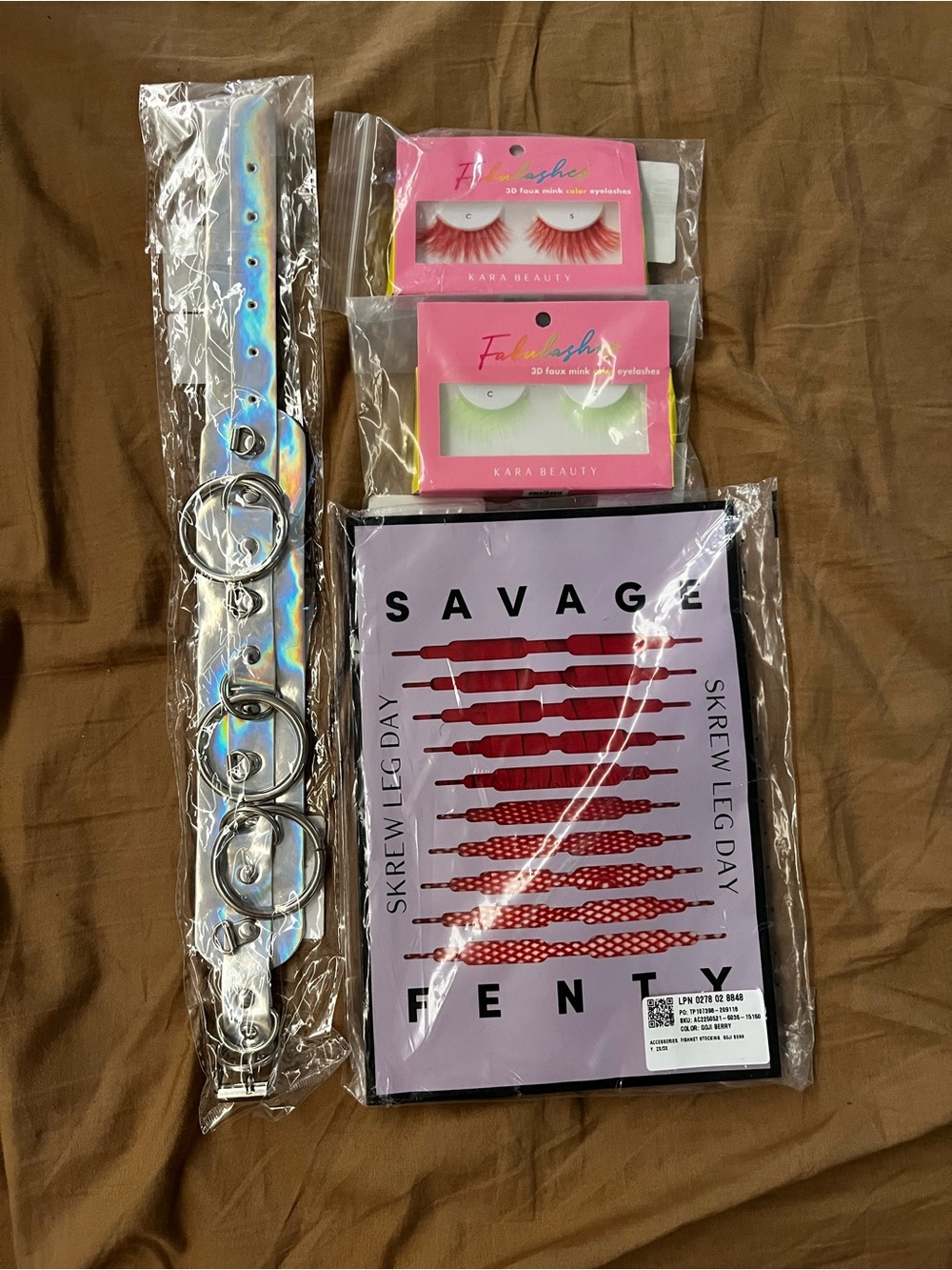 Festival Accessories - Holographic Iridescent Collar, Neon Lashes, Fishnets